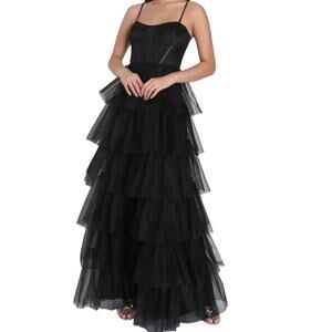 Lulus Rule The Runway Black Mesh Tulle Bustier Tiered Maxi Dress M Formal Party